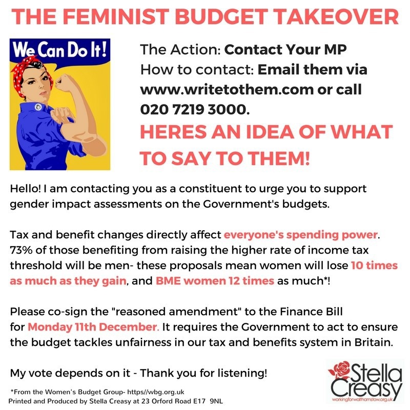Social media graphic for MP Stella Creasy's #feministbudgettakeover